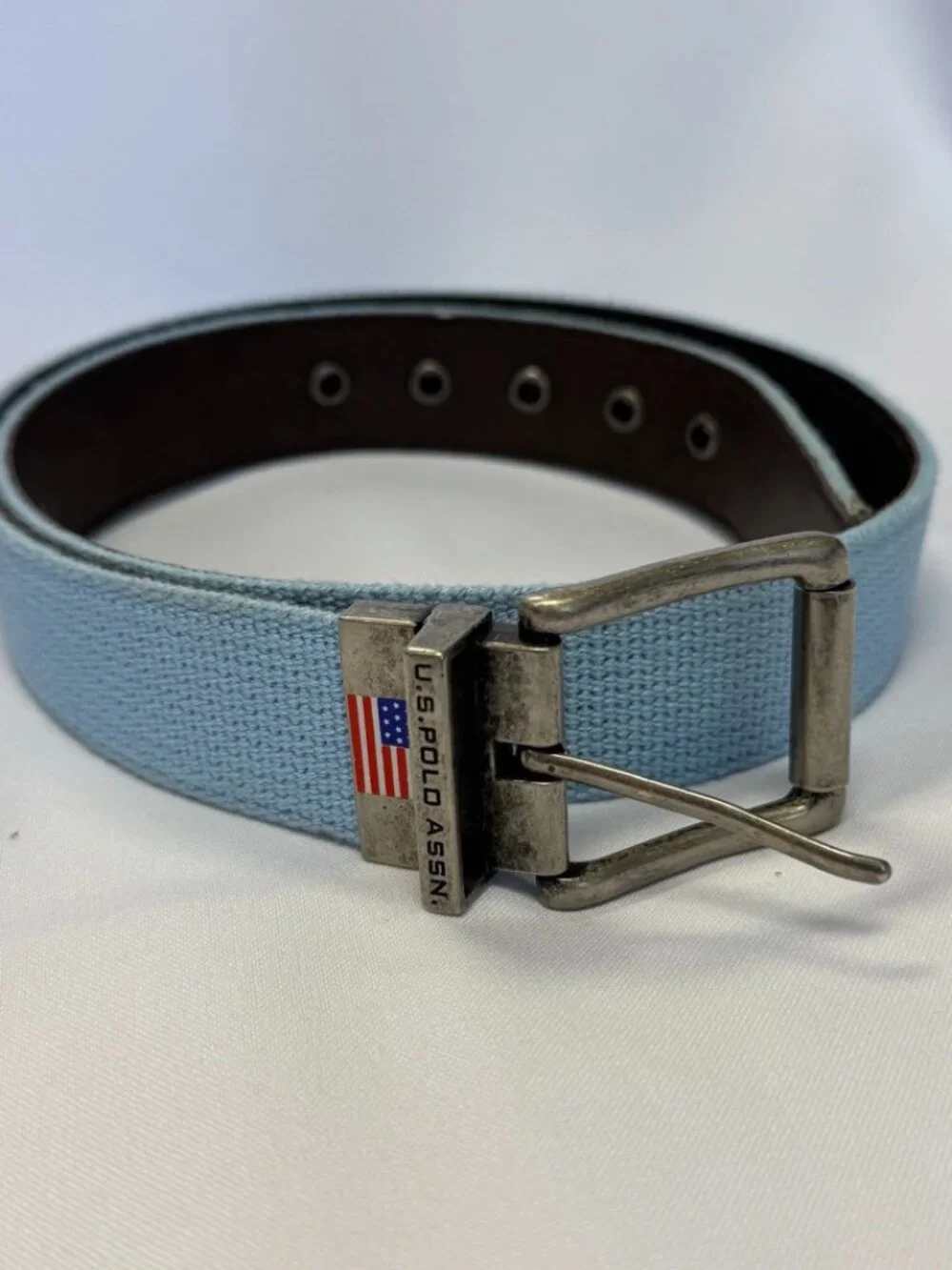 U.S. Polo Assn. Light Blue Canvas Men's Belt with American Flag Buckle Size 34